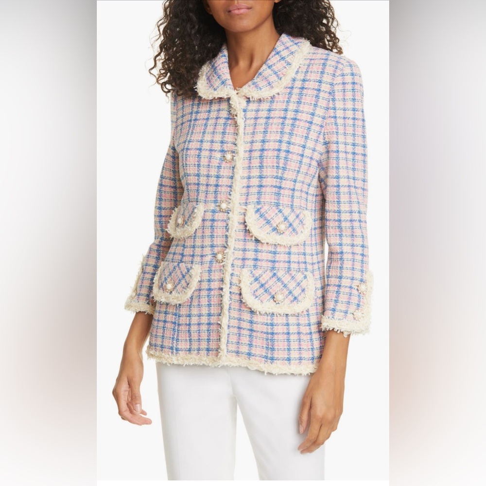 Marc Jacobs The Tweed Pink Plaid Blazer with Fringe